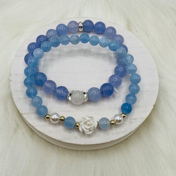 2 Piece New Natural Aquamarine Stone Beaded Bracelets. One with Camellia Charm 6 - Picture 4 of 6